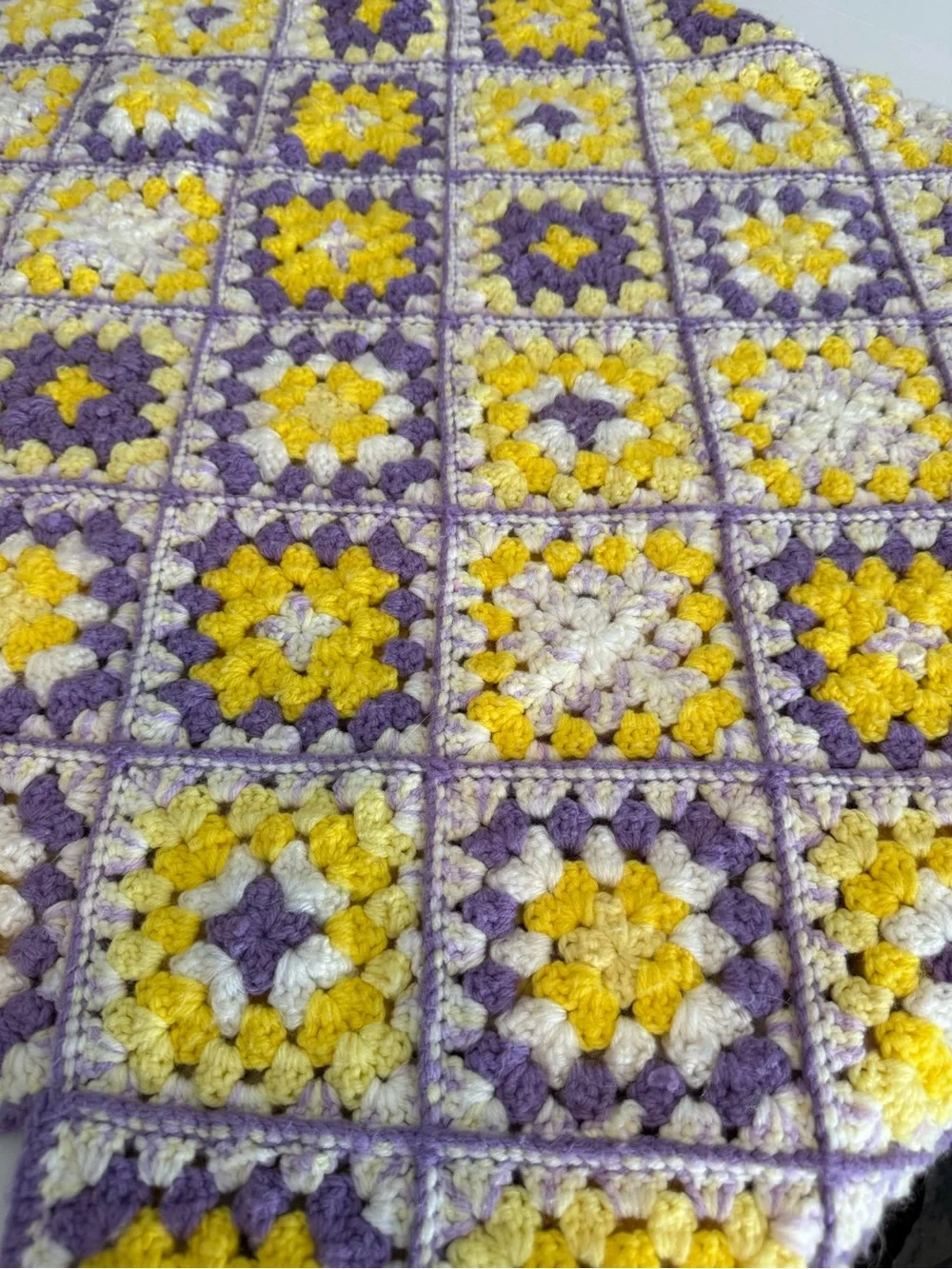 Vintage Crocheted Afghan Sofa Granny Squares Purple Yellow 50 X 80